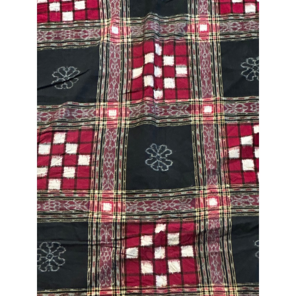 Sambalpuri Ikat Cotton Fabric Red Black Pasapalli Checkerboard Handloom Coverlet